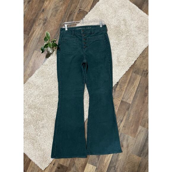 American Eagle Size 8 Teal Corduroy Super High Rise Flare Jeans - Picture 1 of 7